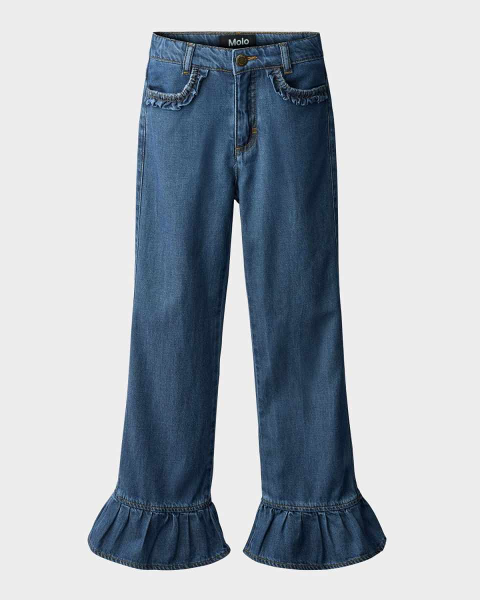 Girl's Amara Flounce-Hem Denim Jeans, Size 8-12